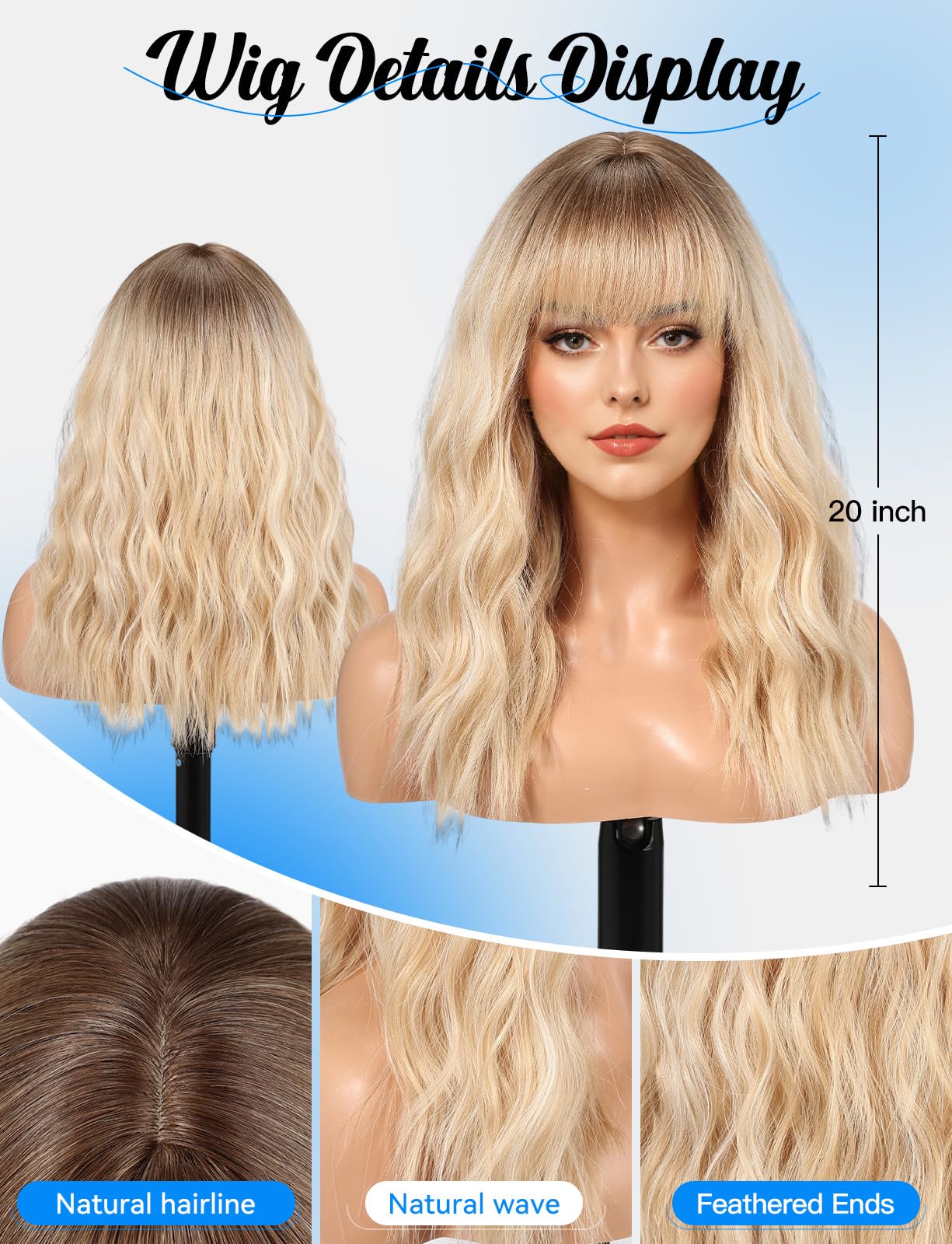 HAIRCUBE Long Wig with Bangs Synthetic Wavy Wigs for Women Blonde with Highlights Color