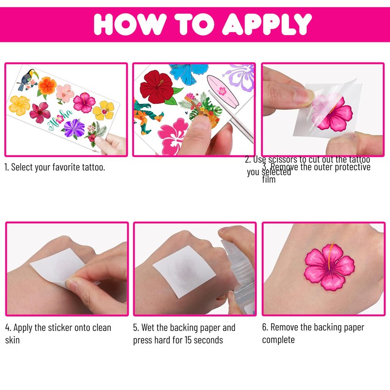 Hibiscus Temporary Tattoos for Kids & Adults - 10 Sheets 100 PCS Hawaiian Tropical Flowers Party Favors, Luau Birthday Decorations Supplies, Cute Waterproof Fake Tattoos