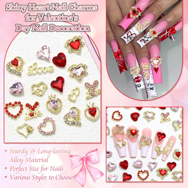 BELICEY 75Pcs 3D Gold Nail Charms Red Pink Heart Nail Charms Alloy Flatback Love Letter Charms for Nails Heart Shaped Gems and Rhinestones for Women Valentine‘s Day Manicure DIY Nail Art Design Crafts