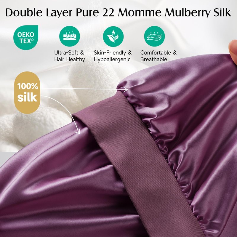 YFONG Double-Layered 100% Pure Mulberry Silk Bonnet for Long Hair, 22 Momme Sleep Bonnet for Sleeping with Elastic Tie Band, Real Silk Sleep Cap for Women Long Curly Hair, Purple