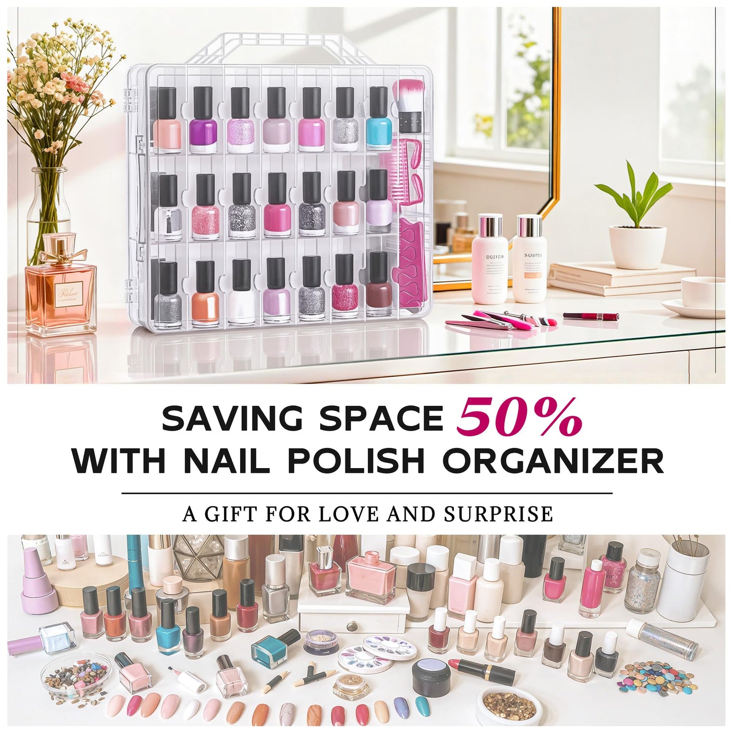 DreamGenius Nail Polish Organizer Case with 2 Nail Separators, Clear