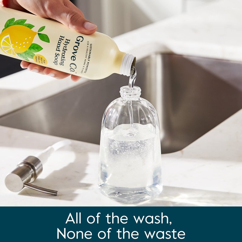 Grove Co. Hydrating Gel Hand Soap Refills (2 x 13 Fl Oz) + 1 x Reusable Glass Soap Dispenser, Refillable Liquid Hand Soap Starter Kit, Natural Lemon & Eucalyptus Fragrance