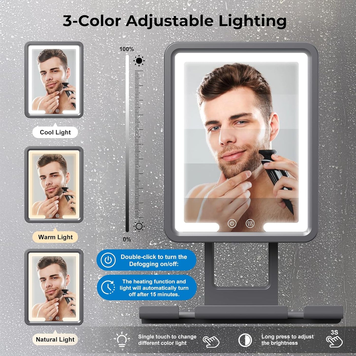 Fogless Shower Mirror for Shaving - Dimmable LED Lighting, Anti-Fog Heating, 360° Rotation | Black with Large Storage Shelf