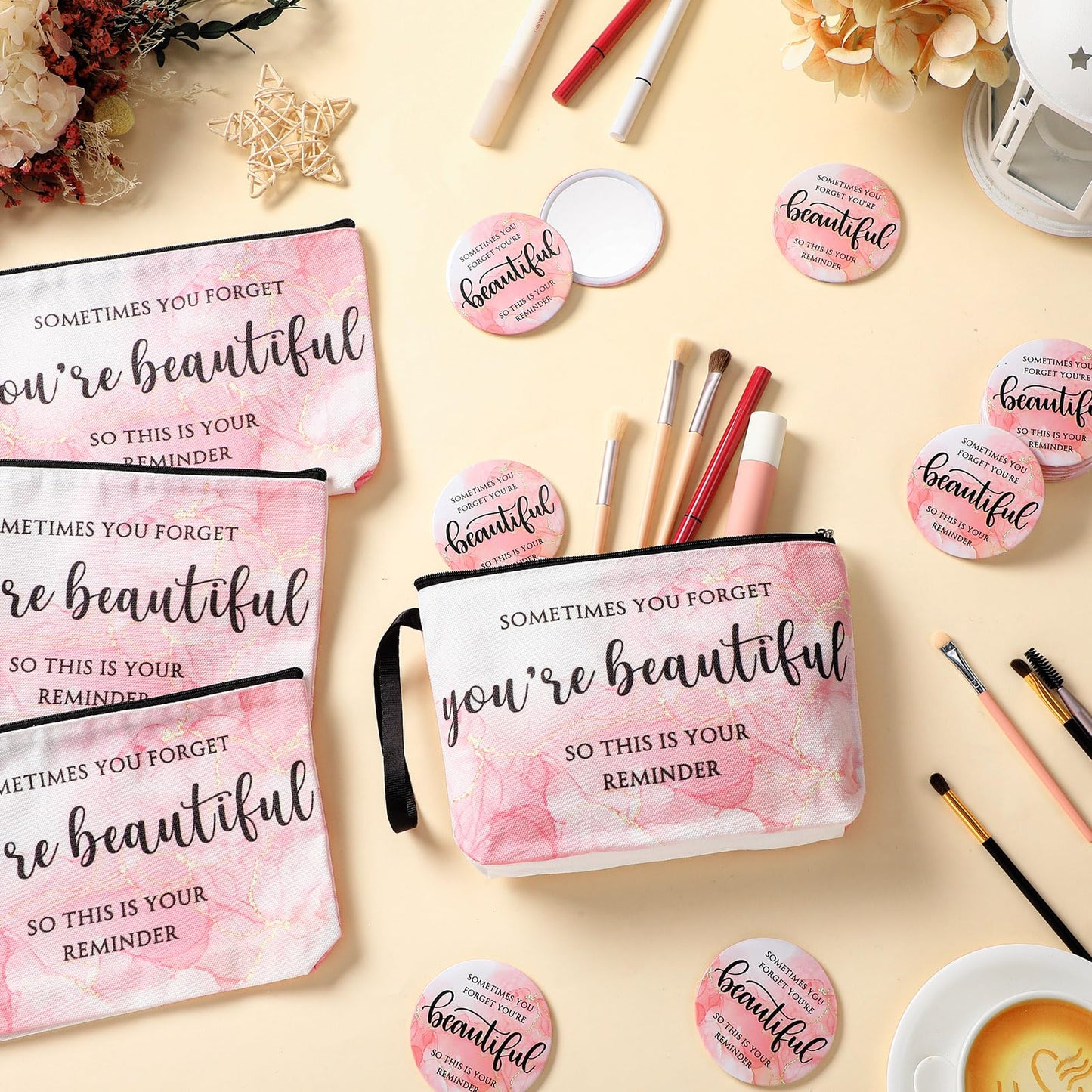 Beeveer 20 Sets Pink Inspirational Gift for Women, Appreciation Gift Bulk for End of Year Teacher, Sometimes You Forget You're Beautiful Makeup Bag and Compact Mirror for Mother Client Nurse Employee
