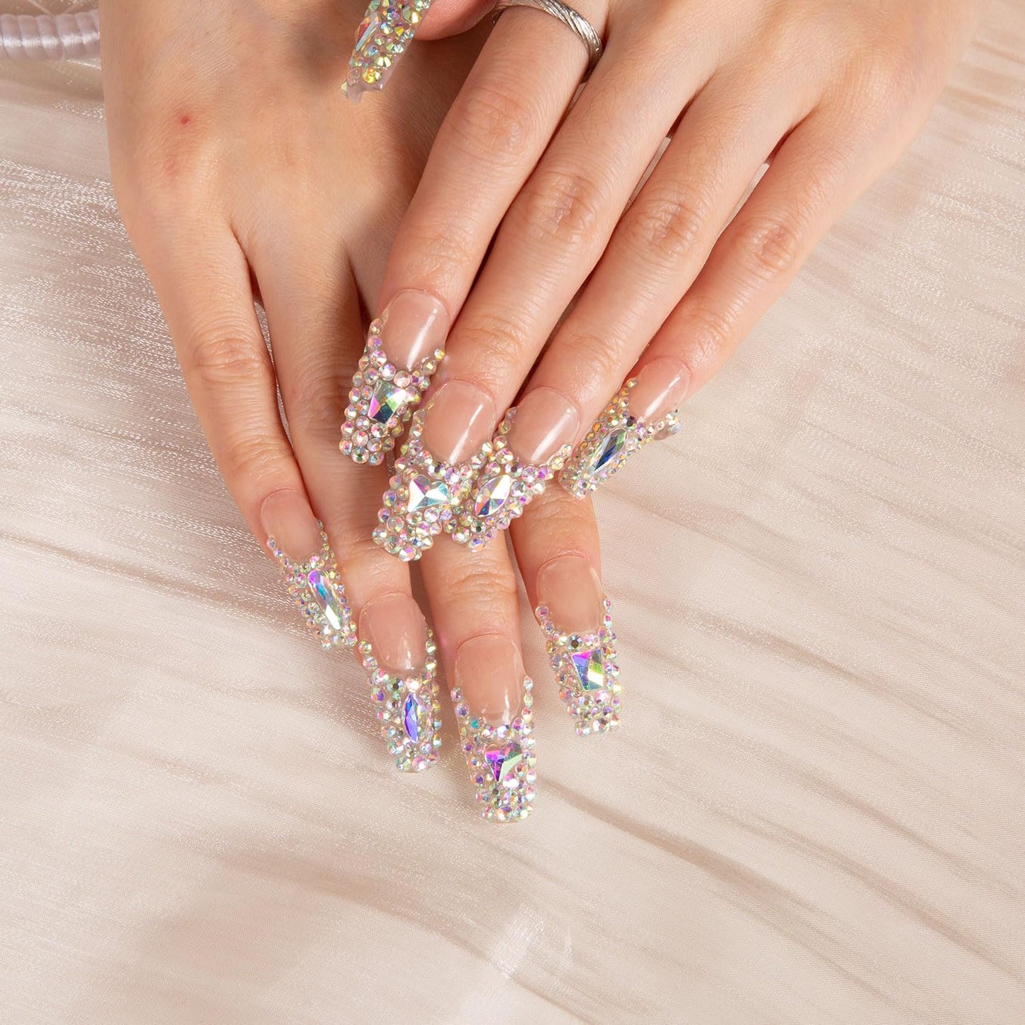 LOVFUL Press on Nails Angel's Tear Rhinestone | Handmade with Full Covered Crystals | Reusable Full Cover Nails | Coffin Classic Regular 1.3 in | H48-S