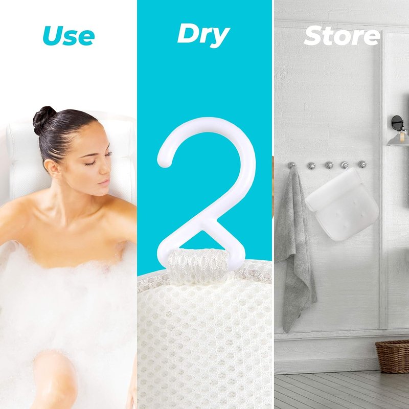 Bathtub Pillow for Neck and Back Support - Machine Washable Bath Headrest with 6 Suction Cups | Drying Hook Included