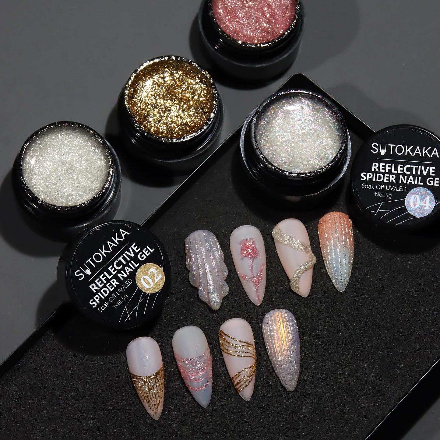 SUTOKAKA Reflective Glitter Spider Gel, 4 Colors Sparkle Diamond Sliver Gold Pink Elastic Spider Gel Polish, Nail Designs Paint Wire Drawing Gels Polish for Line DIY Manicure Home or Salon Use
