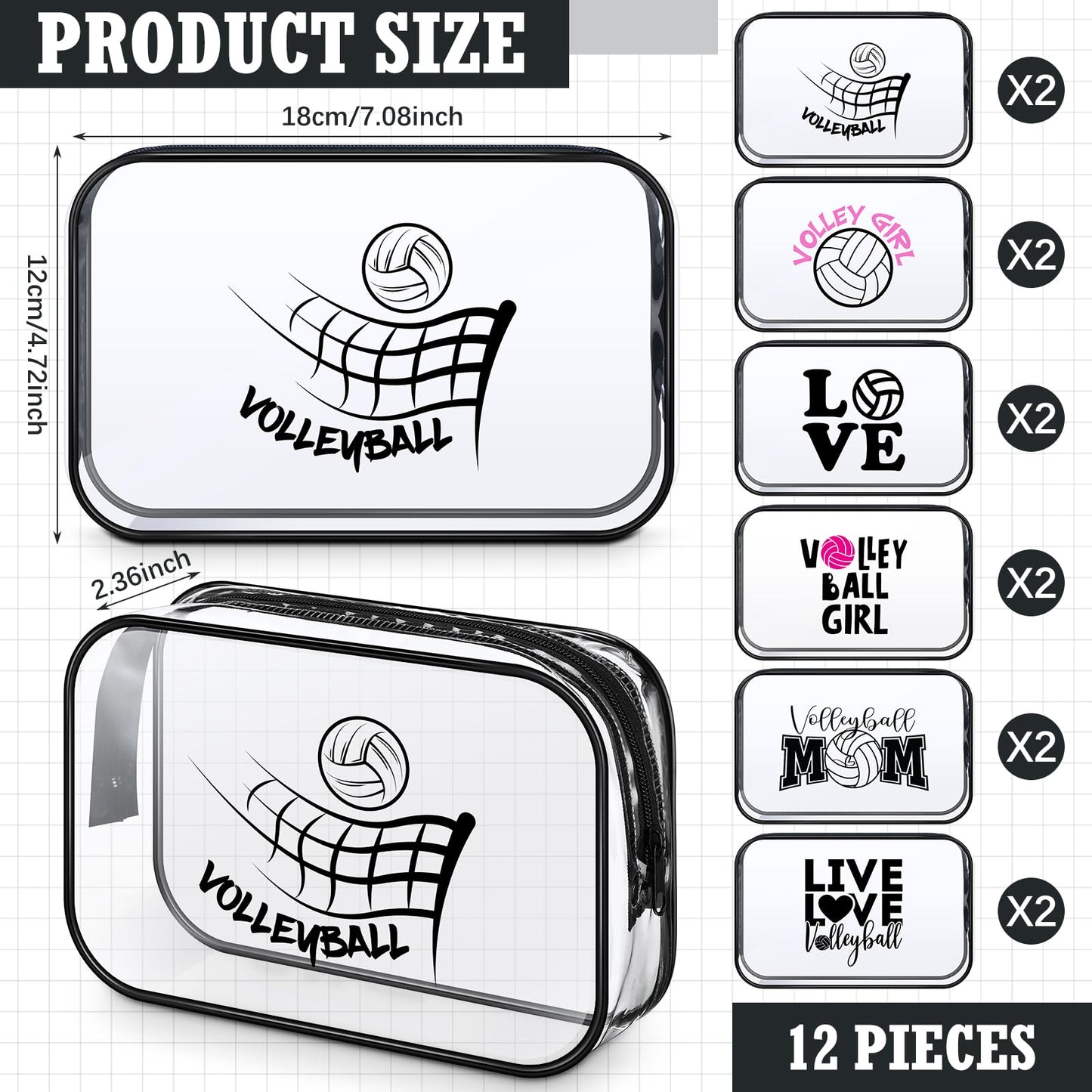 Abbylike 12 Pcs 7 x 4.7 x 2.4'' Volleyball Theme Cosmetic Bag Gifts Accessories for Makeup Bags PVC Clear Cheer Case Toiletry Zipper Pouch for Team Women