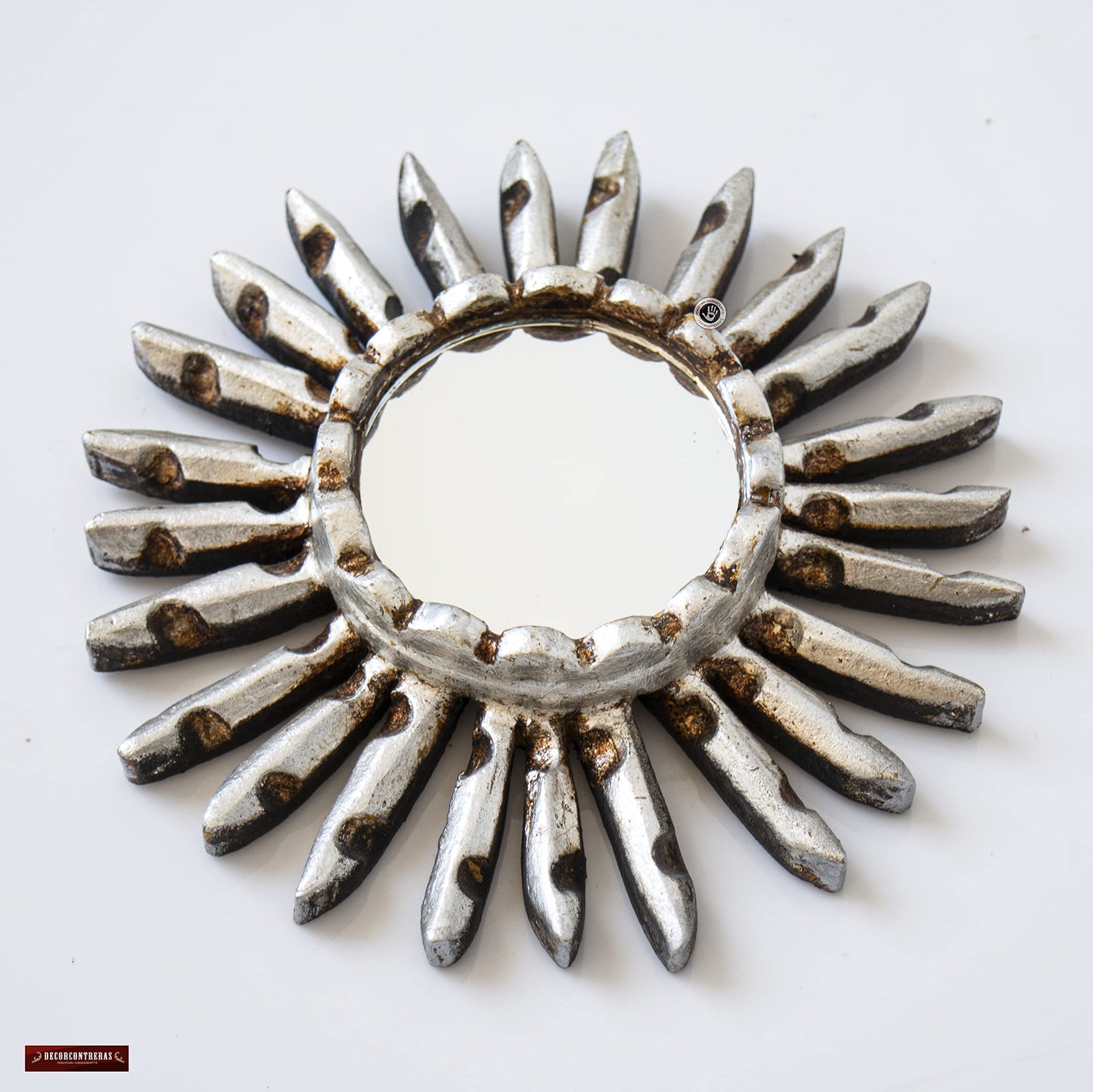 DecorContreras Small Sunburst Mirror with Silver Leaf Finish - Peruvian Carved Wood Round Mirror for Wall Art - Unique Gift for Her or Home (Silver)