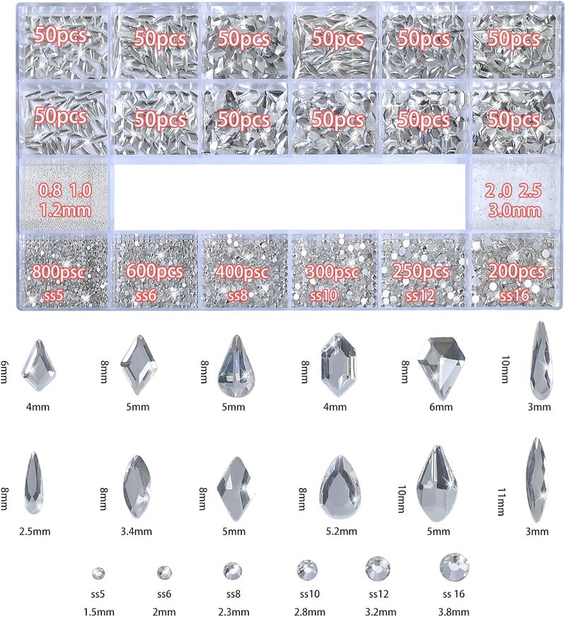 White Nail Rhinestones - 3D Flatback Crystals for Nail Art | Multiple Shapes & Sizes