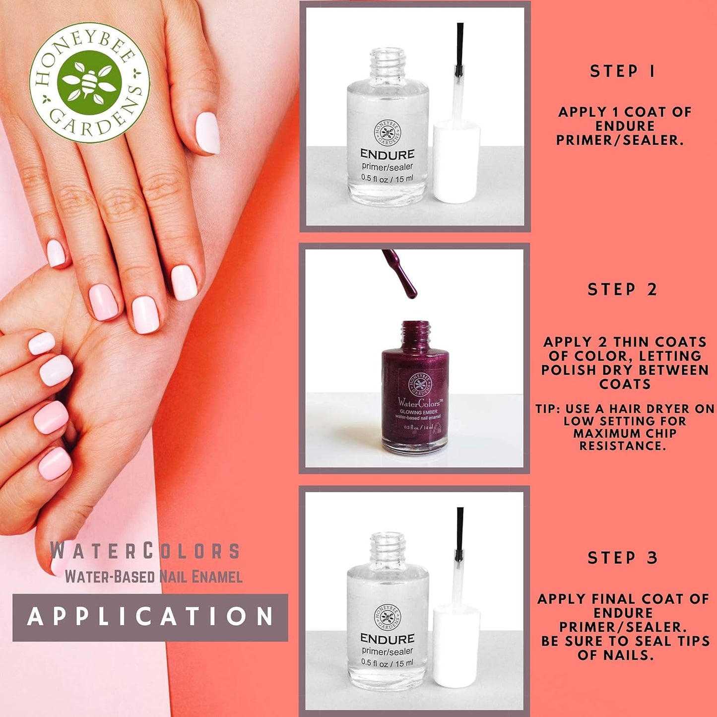Honeybee Gardens WaterColors Nail Enamel | Fairy Dust Iridescent Pink + Endure Primer/Sealer Bundle - 0.5 oz