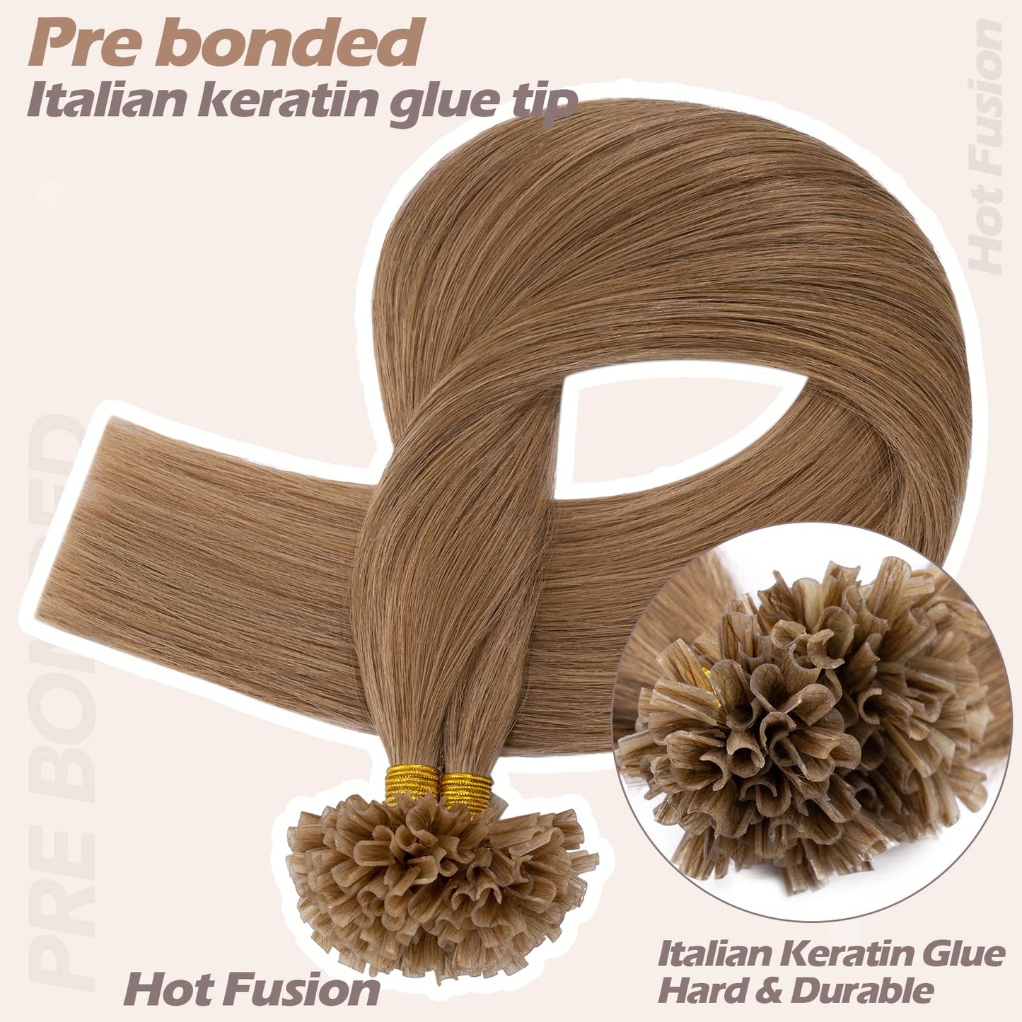 U Tip Human Hair Extensions Pre Bonded Nail Tipped Real Human Hair Piece Italian Keratin U Tip Fusion Extensions Silky Straight 100 Strands 16"-50g (#12 Golden Brown)