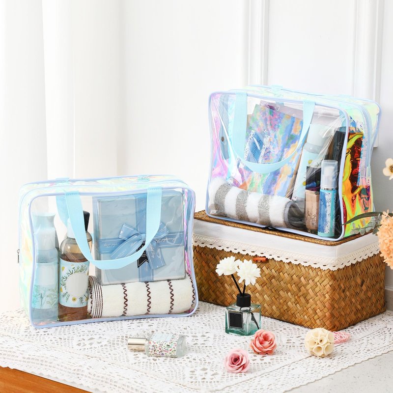 Sweetude 10 Pcs Large Clear Toiletry Bag with Handle Large Capacity Travel Iridescent Beach Makeup Bag PVC Clear Plastic Tote Punch Cosmetic Clothes Storage Organizer for Women Men (Blue)
