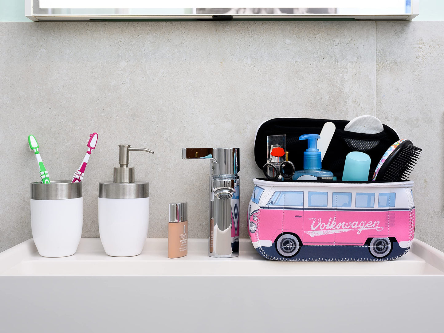 BRISA VW Collection - Volkswagen Neoprene Universal Makeup Cosmetics Toiletry Travel Pharmacy Bag in T1 Bus Design (Pink/Large) (Small (9.1 x 4.3 x 3.1 inches))
