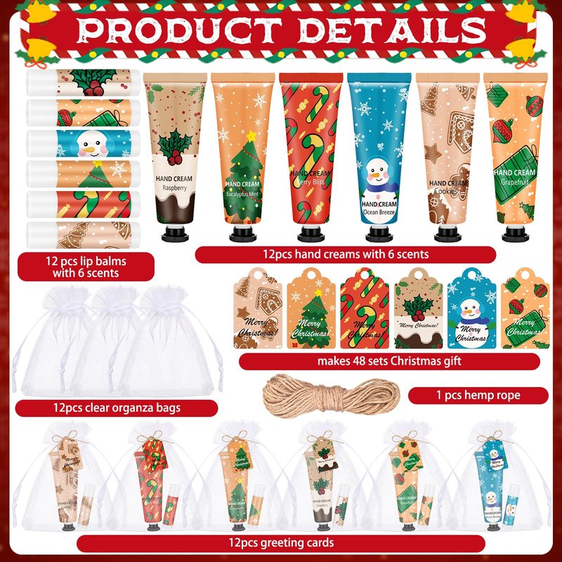 Loopeer 36 Sets/144 Pcs Christmas Hand Cream and Lip Balm Gift Set for Women Bulk Mini Hand Lotion Travel Size for Dry Skin Stocking Stuffers with Greeting Card Organza Bags for Coworker Employee