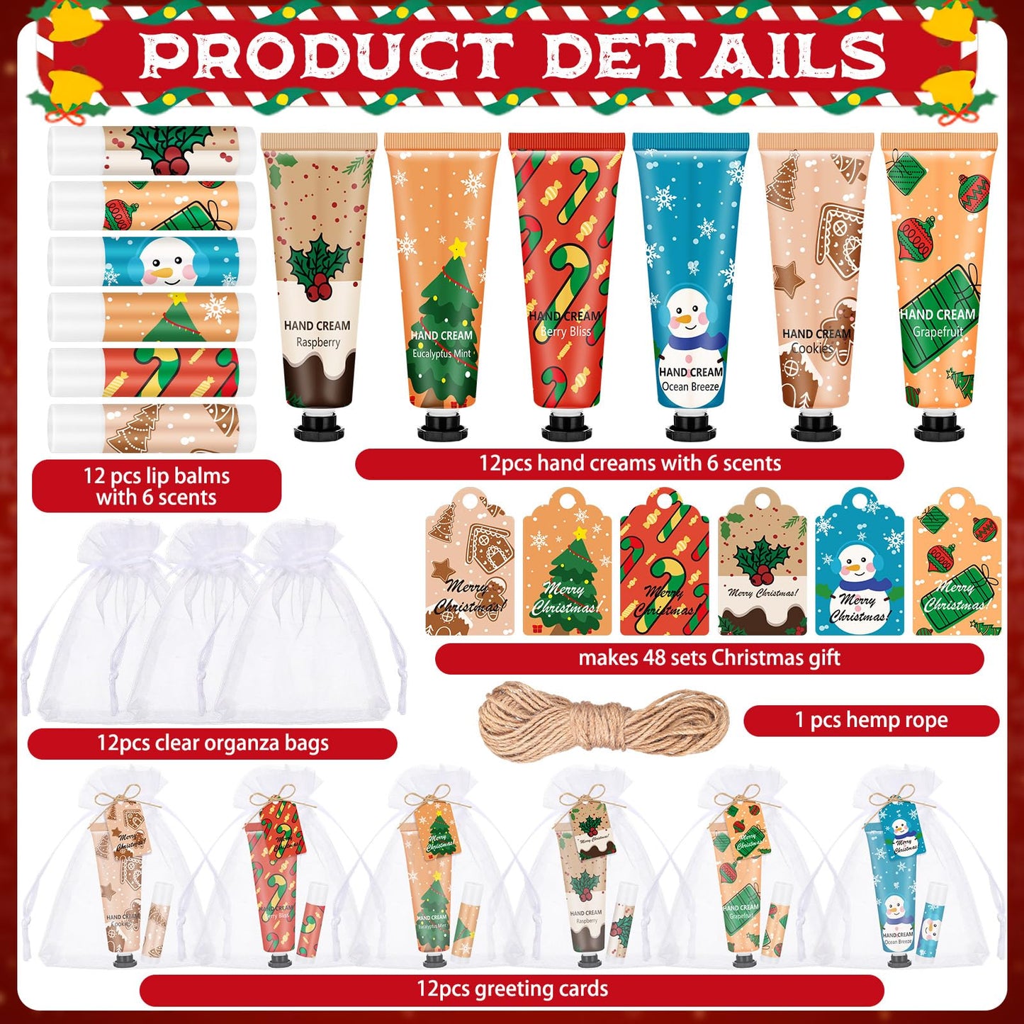 Loopeer 36 Sets/144 Pcs Christmas Hand Cream and Lip Balm Gift Set for Women Bulk Mini Hand Lotion Travel Size for Dry Skin Stocking Stuffers with Greeting Card Organza Bags for Coworker Employee