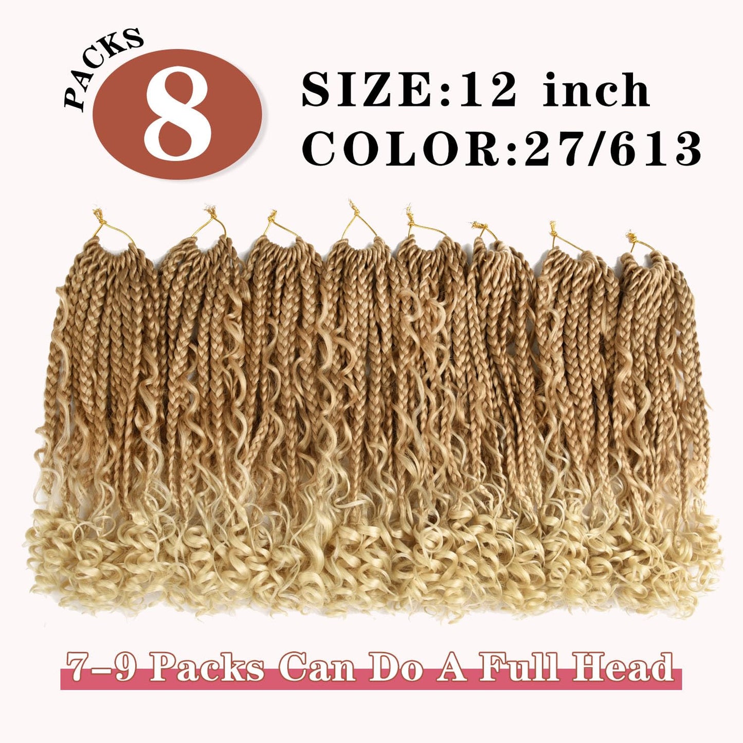 12 Inch Goddess Box Braids Crochet Hair for Black Women With Curl Ends 8 Packs Pre Looped Crochet 3X Bob Boho Box Braids Synthetic Twists Braiding Hair Extensions (12strands/pack;27/613#)