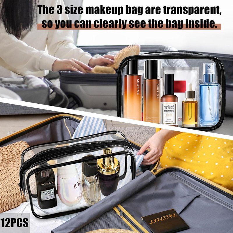 Clear Makeup Bags - TSA Approved Toiletry Travel Pouch - Waterproof PVC Cosmetic Organizer | 12 Pieces