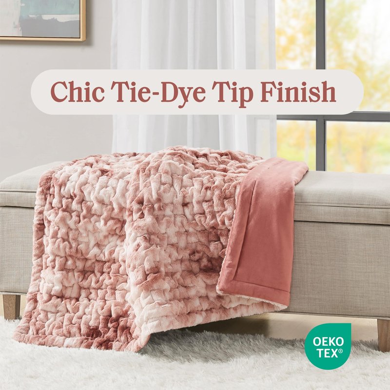 Madison Park Faux Fur Throw, Luxurious Ruched Texture, Fuzzy Warm, Plush Mink-Like Reverse, All Season, Lightweight & Cozy Blanket-Throw for Sofa, Couch, Living Room & Office 50" x 60" Pink Tie Dye