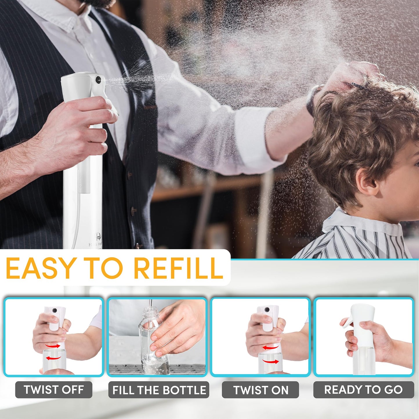 Hula Home Spray Bottle for Hair (10.1oz/300ml) - Continuous Ultra Fine Mist Sprayer – For Hairstyling, Cleaning, Salons, Plants, Essential Oil & More - White