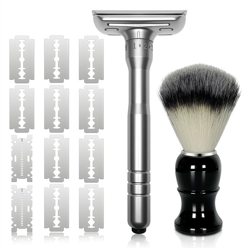 Adjustable Double Edge Safety Razor Shaving Kit for Men & Women - Shaving Brush, 10 Relacement Blades, Cleaning Brush & Razor Holder, Gift for Him, Boyfriend, Dad, Husband