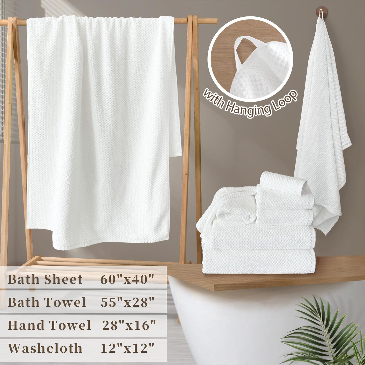 VOOVA & MOVAS Off-White Washcloths (6PC, 12"x12") - 100% Cotton | Thick | Quick Dry | Absorbent, Towels for Face, Fluffy Wash Cloths for Bathroom, Popcorn Weave Washcloths, Off-White