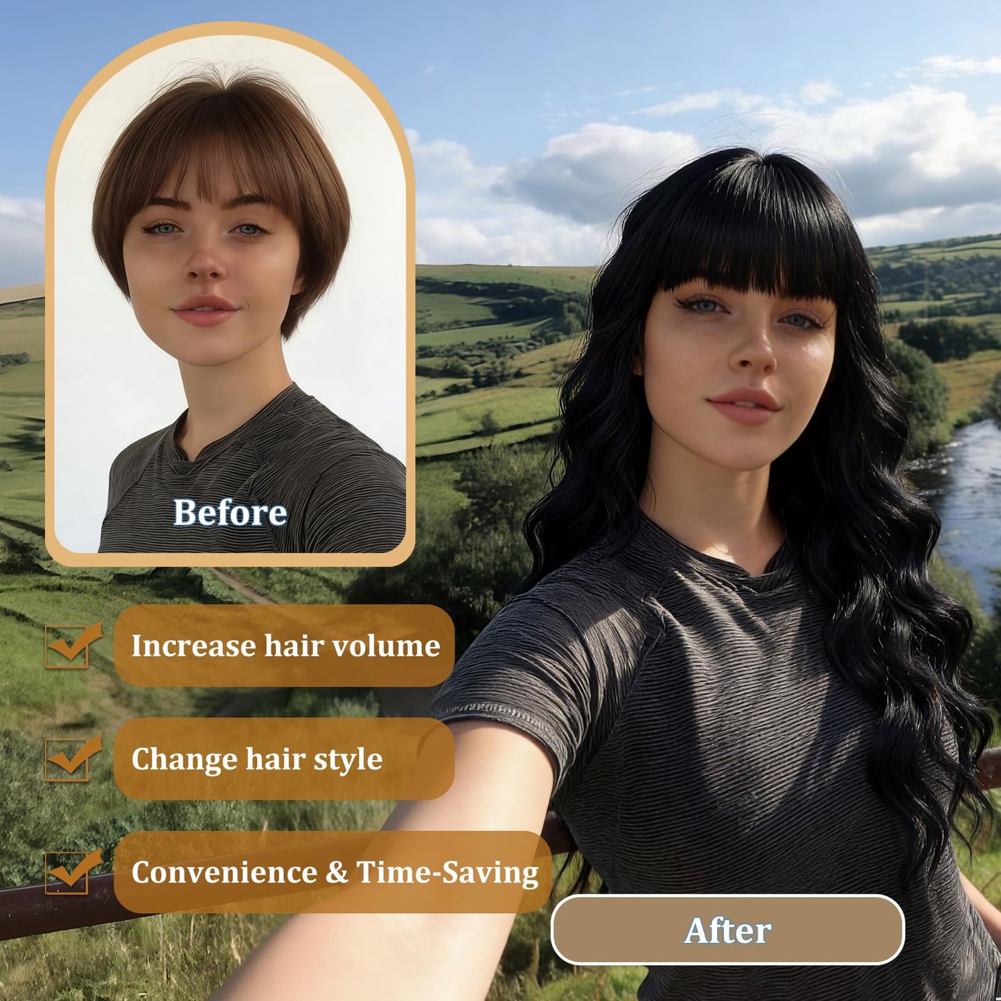 MINSEEYOO Black Wig with Bangs for Women Long Black Wavy Wigs 26 Inch Natural Black Wigs Natural Looking Heat Resistant Synthetic Wig for Daily Party Use