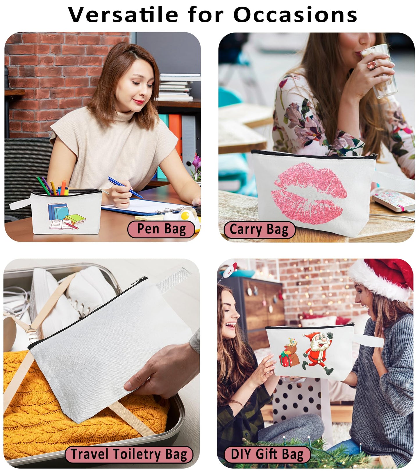 Koolmox 20 12Oz Canvas Pencil Pouch with Bottom and Strap, Multi-purpose Cotton Canvas Zipper Travel Toiletry Pouch, Blank for DIY Sublimation (White Bag w/Black Zipper, M, 10.2x5.5x2.1'')