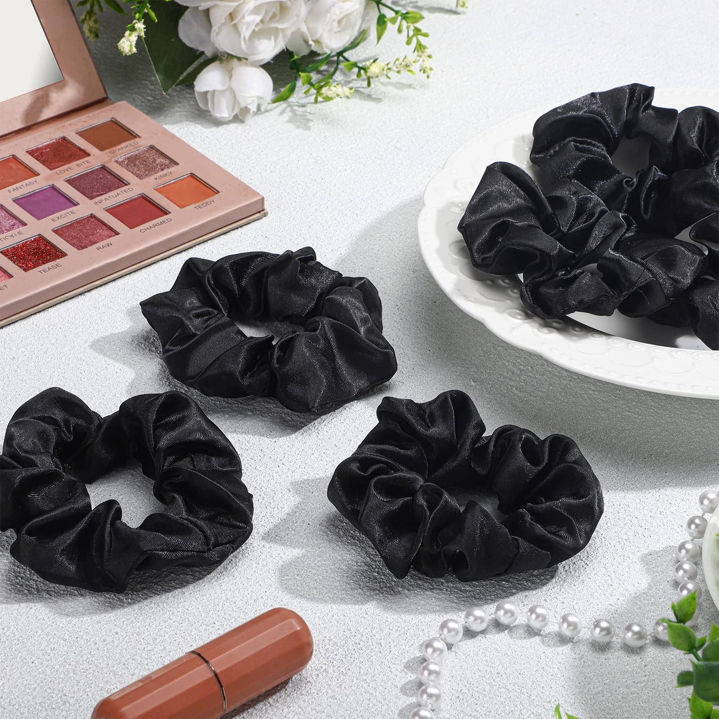 Giegxin 80 Pieces Silk Scrunchies Satin Hair Ties Elastic Bands Large Satin Ponytail Silk Vintage Hair Accessories for Women(Black,Solid Style)