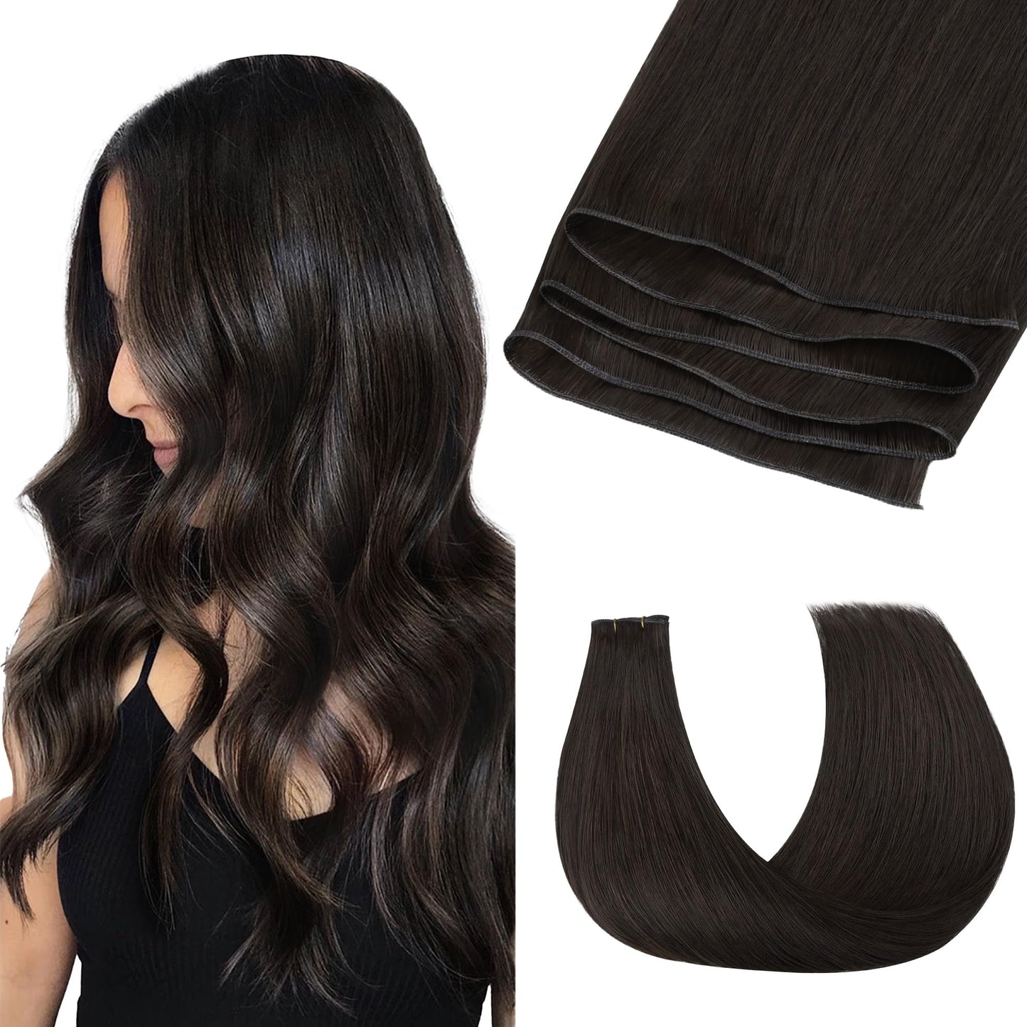 GOO GOO Genius Weft Hair Extensions Human Hair, Sew In Hair Extensions Rooted Remy Weft, 2 Dark Brown 14inch 40g, Hand Tied Weft Hair Extensions