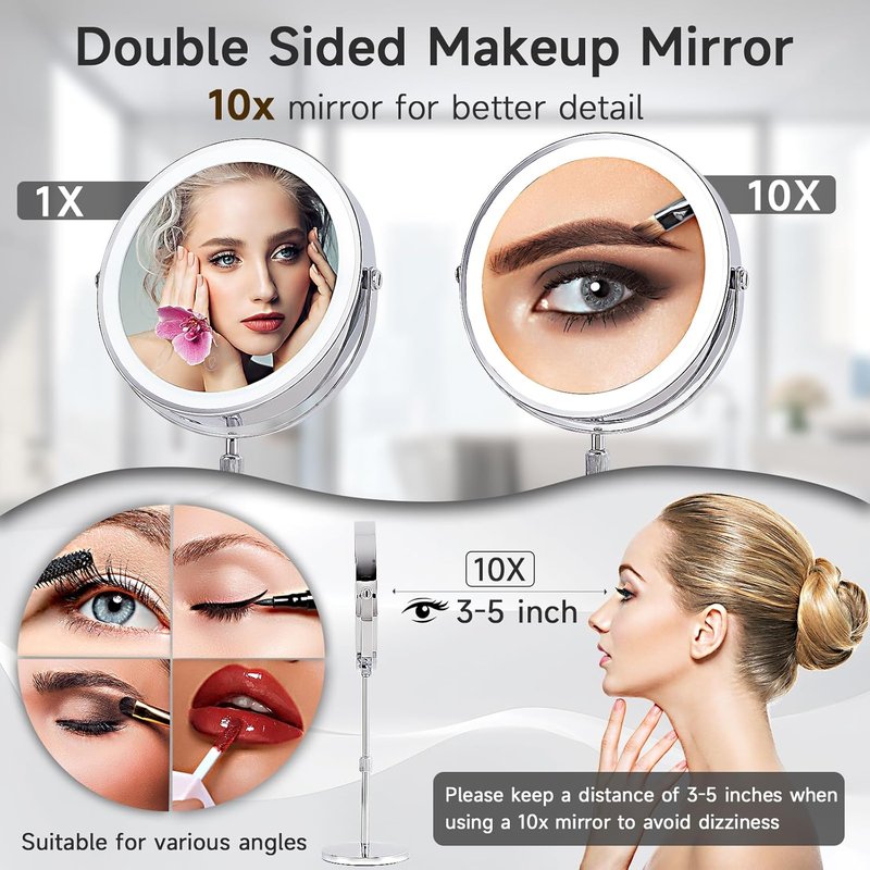 Magnifying Makeup Mirror with Lights - 9" Dual-Sided Vanity Mirror | 3 Color Settings, 3000 mAh Rechargeable, 360° Rotation