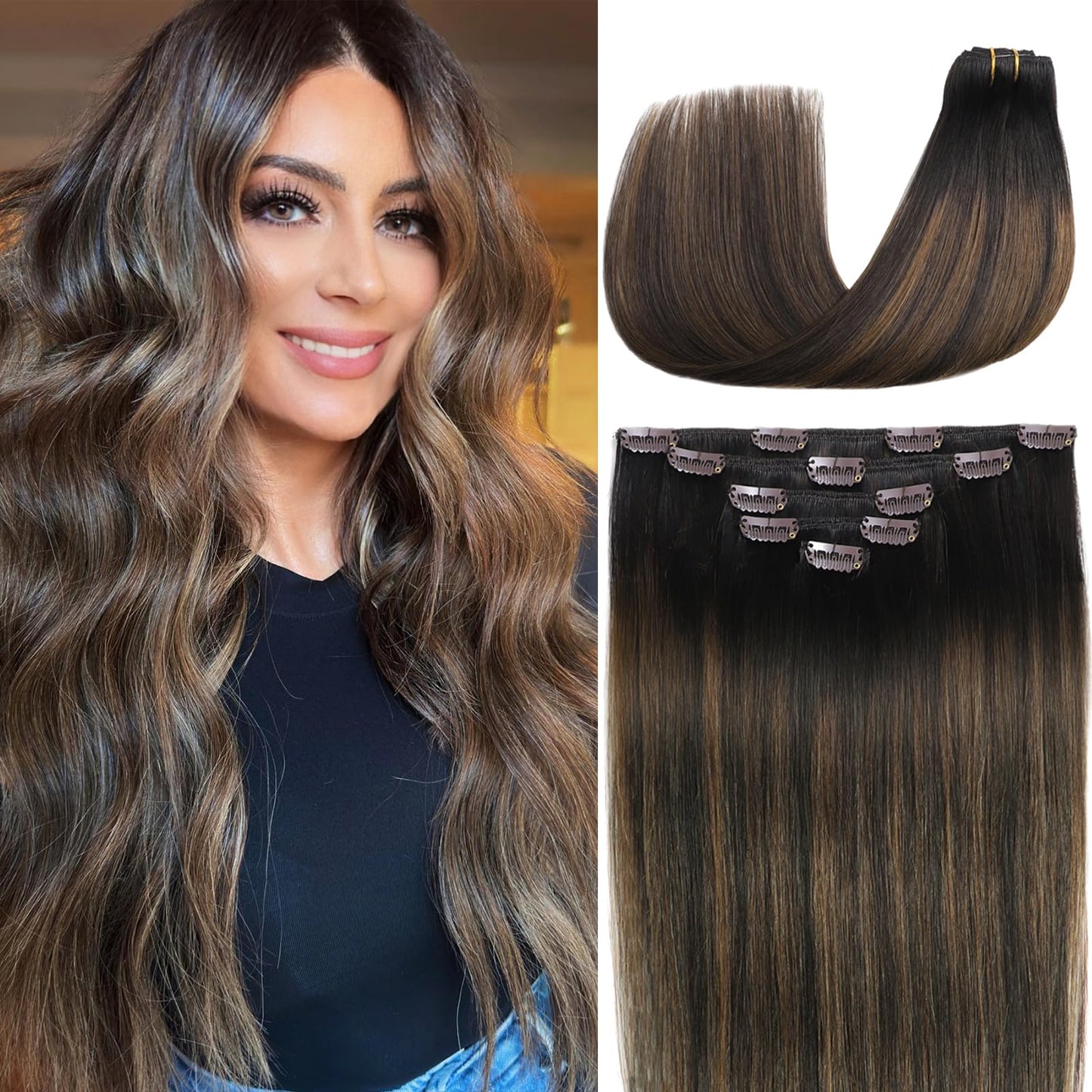 Clip in Hair Extensions Real Human Hair 20 Inch Straight Human Hair Clip in Extensions Balayage Dark Brown to Chestnut Brown Remy Hair Extensions Clip ins for Women 80g/5pcs