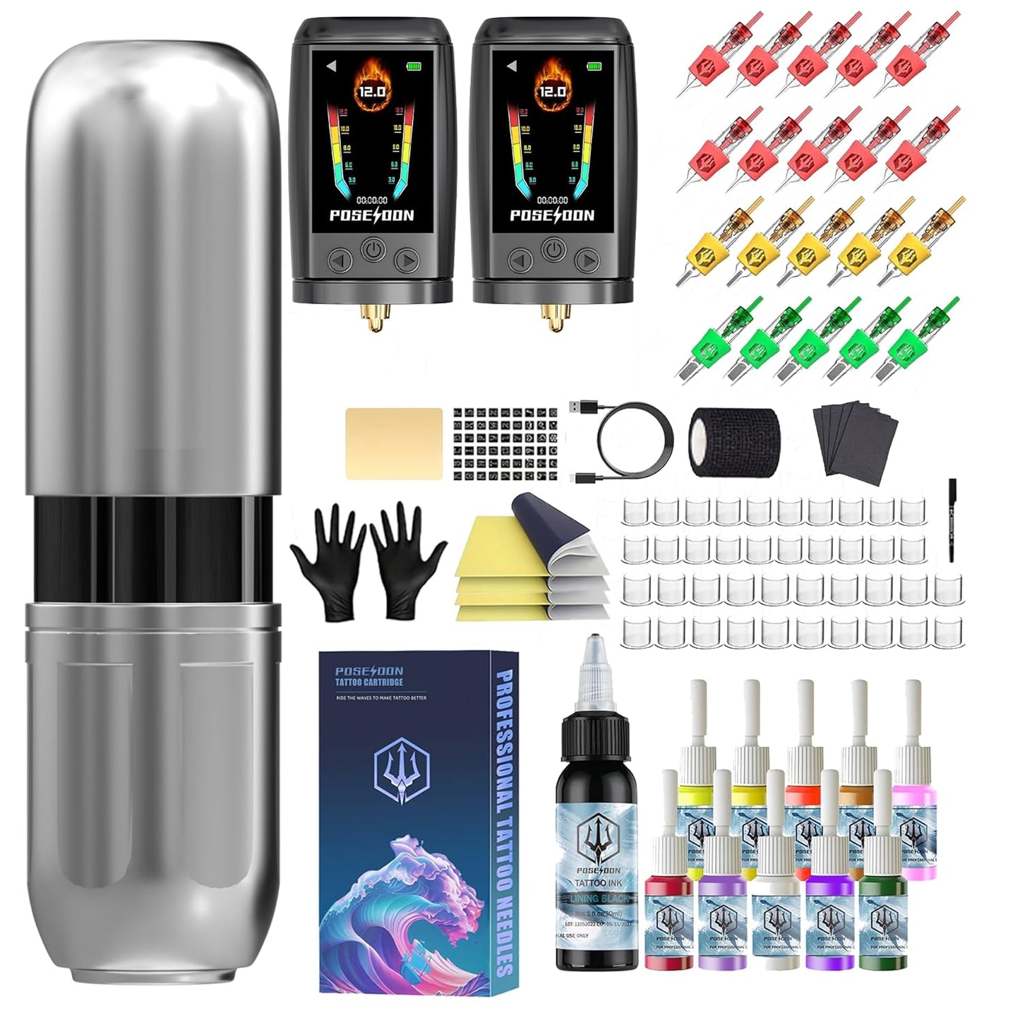 POSEIDON Cordless Tattoo Machine Kit - Professional Portable Tattoo Pen with 20 Needles & Ink Set | Complete Starter Supplies