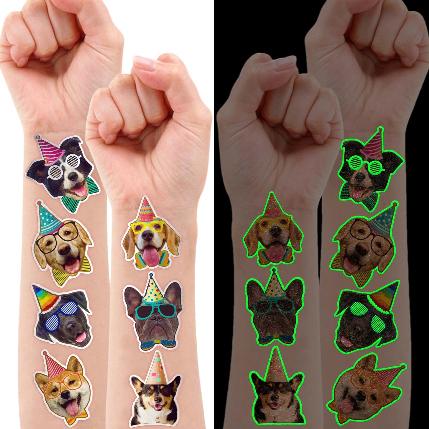 96PCS Dog Party Temporary Tattoos Stickers for Kids, Glow Dog