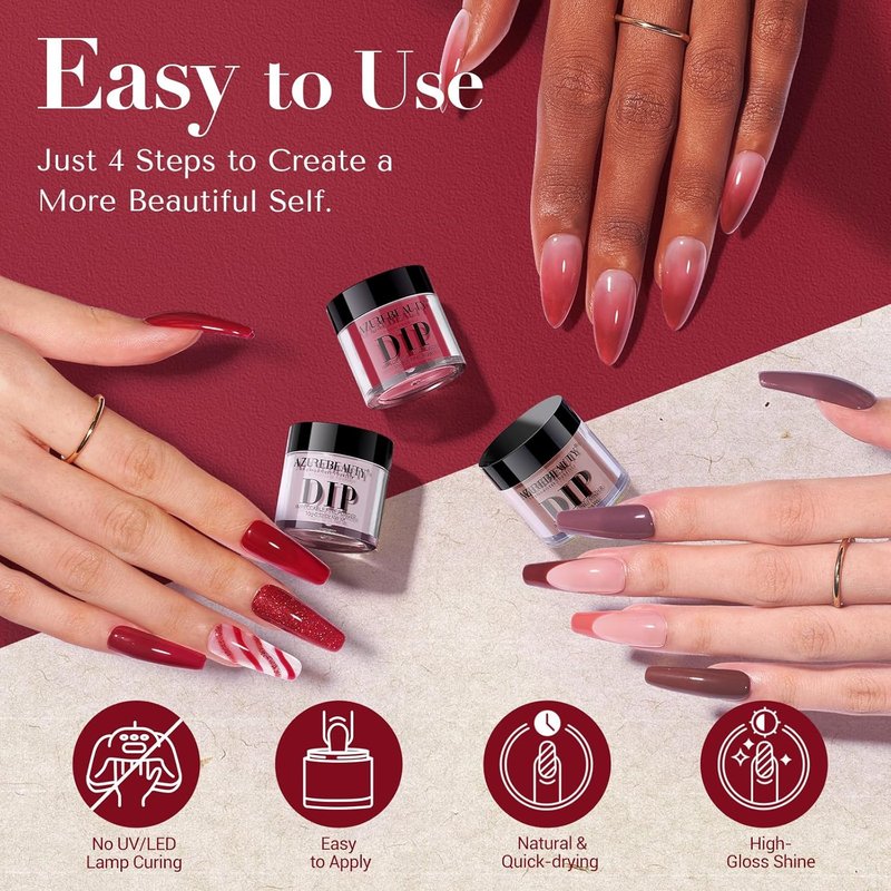 AZUREBEAUTY Dip Powder Starter Kit - Brown Red Glitter Nail Art | 6 Colors, No Lamp Needed for DIY Manicure