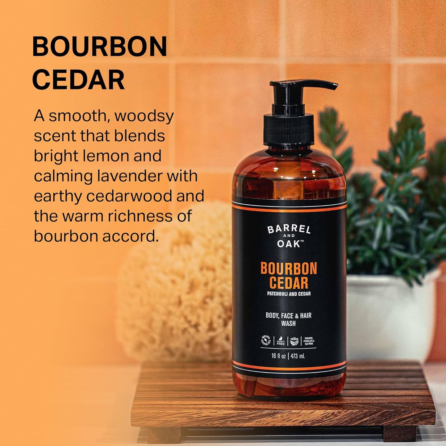 Barrel & Oak All-in-One Wash - Vegan Hydrating Face, Hair & Body Cleanser | Bourbon Cedar, 16 oz