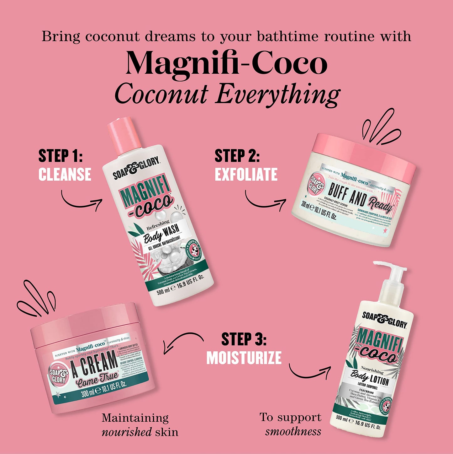 Soap & Glory Magnificoco Buff and Ready Coconut Body Scrub - Smoothing & Buffing Body Scrub - Coconut Scented Body Polish - Brightening with Green Tea Extract (300ml) (Pack of 2)