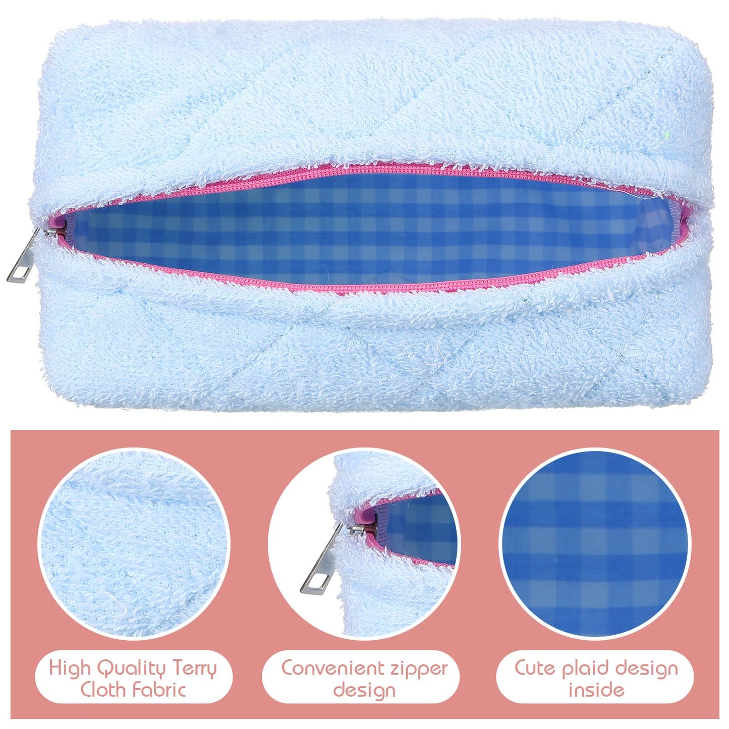 LEIFIDE 4 Pcs Quilted Makeup Bag Pouch Cute Plush Fuzzy Checkered Cosmetic Bag Cotton Terry Cloth Toiletry Pouch with Zipper Portable Travel Organizer Preppy Brush Storage for Christmas Women Gift