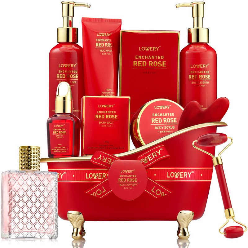 Mothers Day Gifts, Spa Gifts for Women, Bath and Body Gift Set, Red Rose Gift Basket Relaxation, Pampering, Thank You, Birthday Gifts for Mom Her with Perfume, Jade Roller, Quartz Gua Sha Stone & More