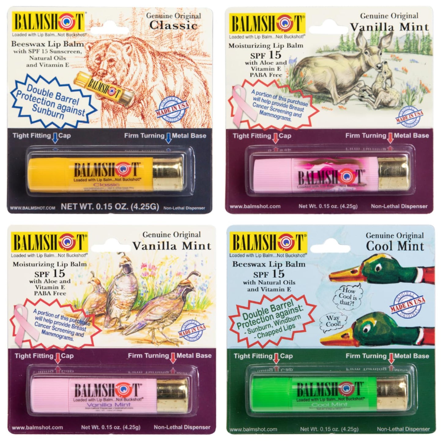 BALMSHOT Lip Balm 4-Pack - SPF 15 Beeswax with Aloe & Vitamin E | Classic, Cool Mint, Vanilla Mint & Pink Camo