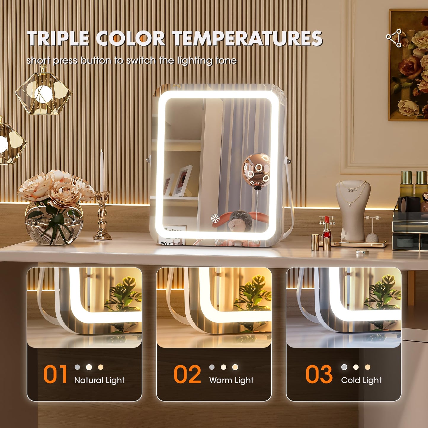 Hasipu LED Makeup Mirror with Bluetooth Speaker, 11" x 14" Vanity Mirror with Lights, 3 Modes Light, Smart Touch Control Dimmable, Rectangle White Frame