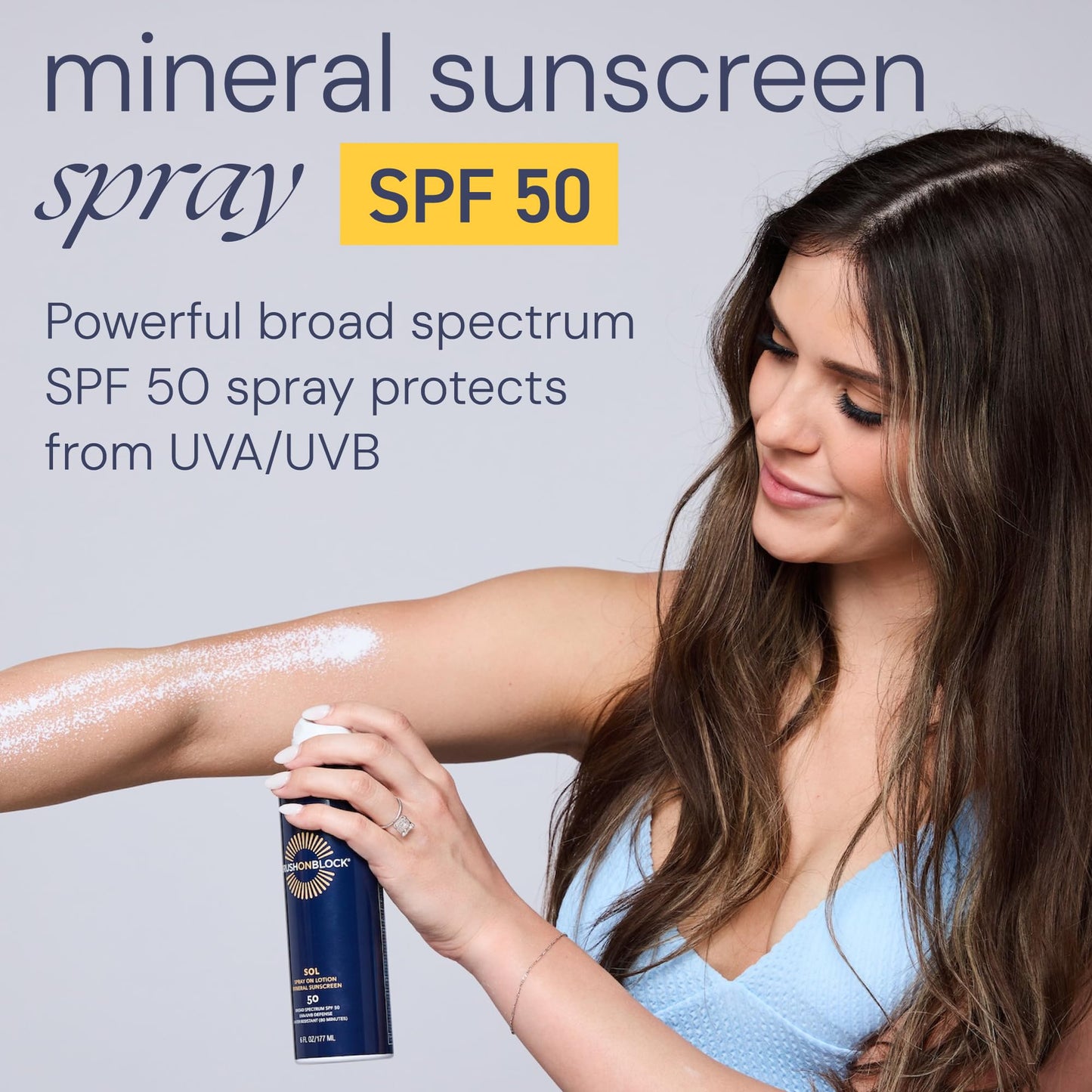 Brush On Block SOL SPF 50 Mineral Spray on Lotion, Non Aerosol Continuous Spray Sunscreen, Water Resistant, Reef Friendly, 6 oz