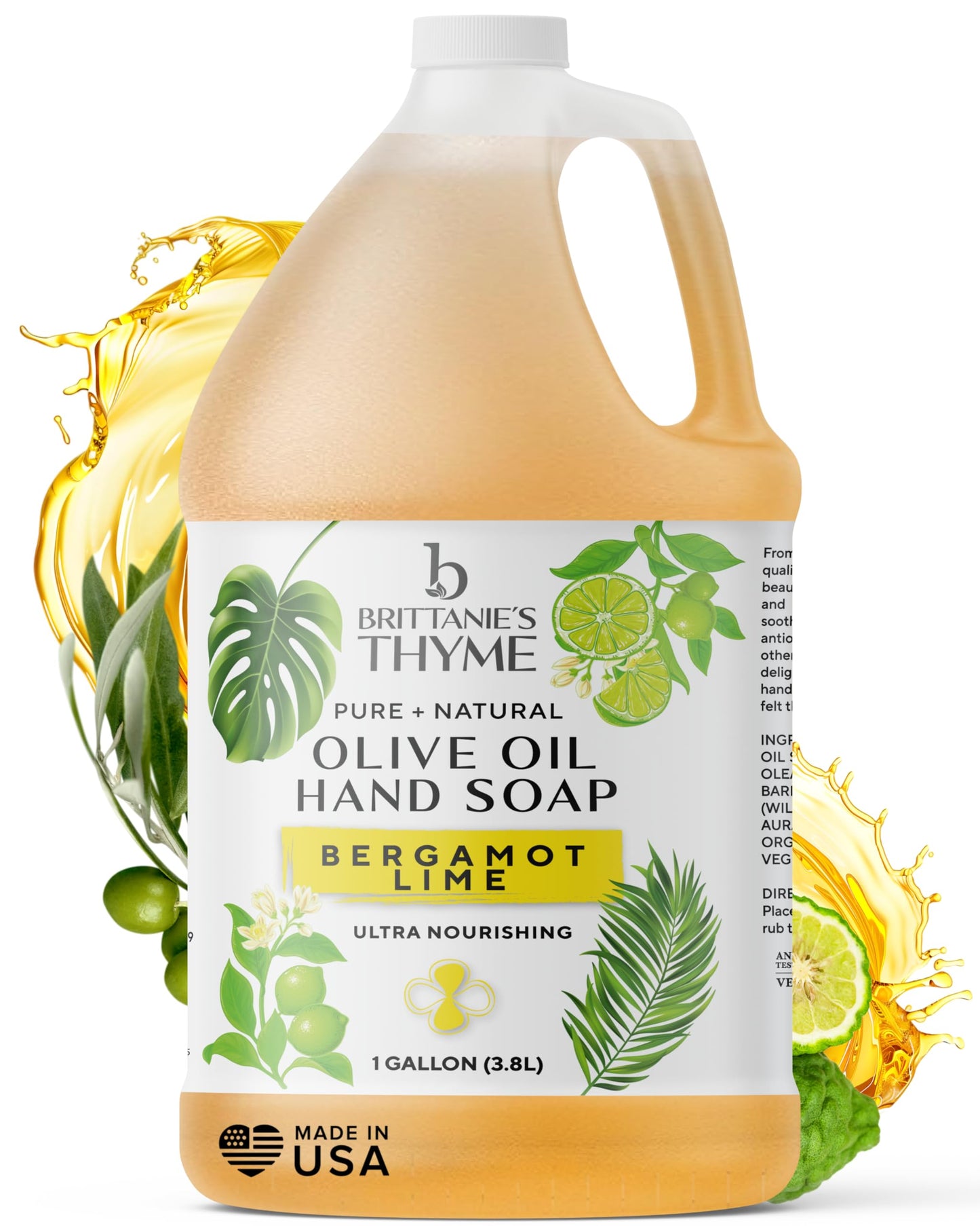 Brittanie's Bergamot Lime Pure Castile Olive Oil Liquid Soap 1 Gallon (128oz) | Face, Body Wash, Dishes, Pets & Laundry | Natural Vegan Sulfate Free, Moisturizing & Refill-Friendly