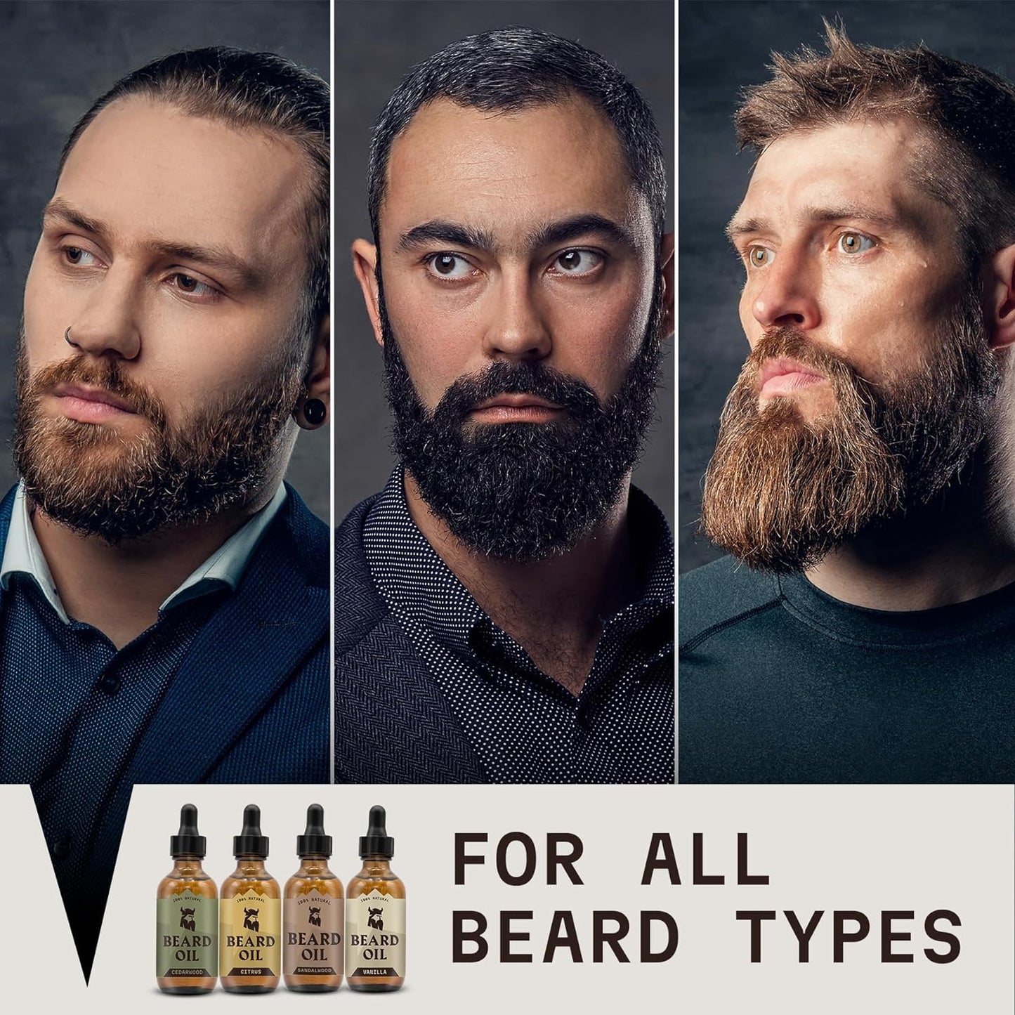 Beard Folding Wooden Comb and 4 Pack Beard Oil for Men - By Striking Vikings