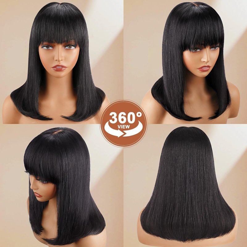 Lativ Bob Wig with Bangs Human Hair 4x2 Lace Bob Wig Human Hair with Bangs 150% Density Middle Part Natural Black(10 Inch,Bob With Bangs)