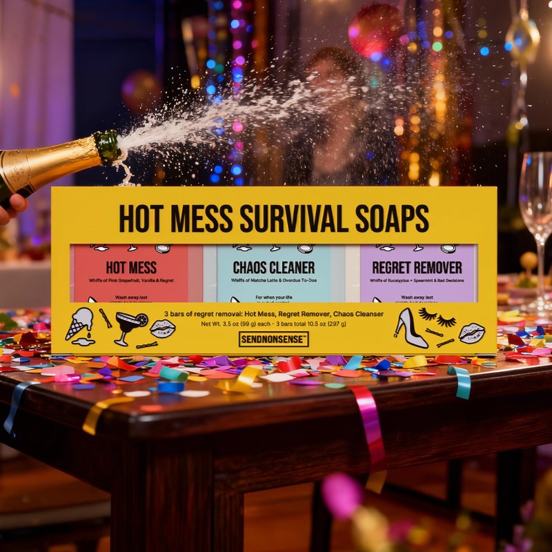 SendNonsense Hot Mess Survival Soap Gift Set (3-Pack) – Funny Gag Gift for Mom, Friends & Coworkers, Novelty Soaps, Regret Remover & Chaos Cleanser