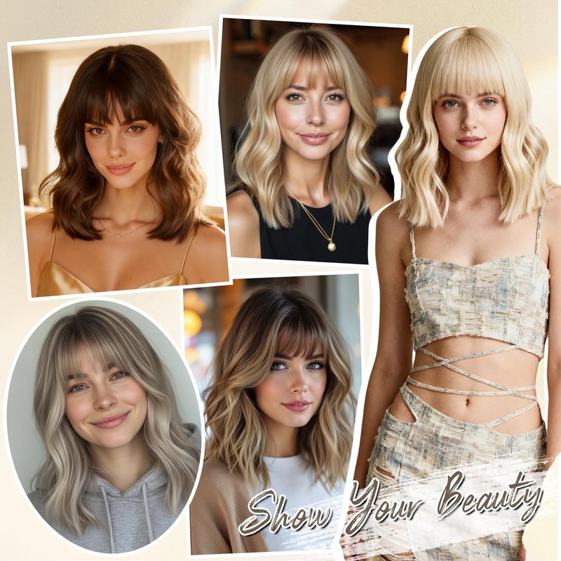 FESHFEN Shoulder Length Wigs with Bangs - Ombre Blonde Natural Looking Wavy Medium Length Synthetic Hair Bob Wig for Women Daily Party Use, 14 inch