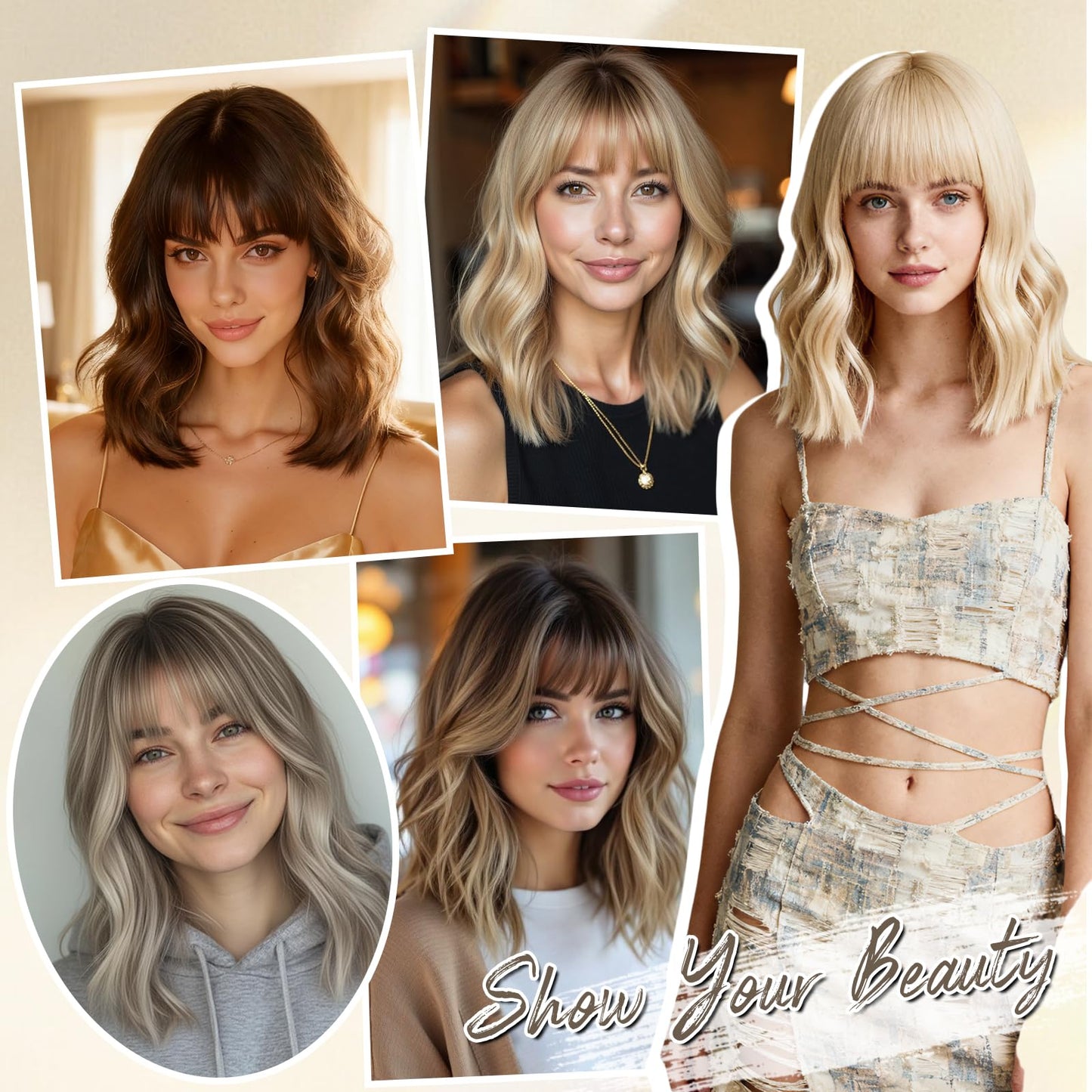 FESHFEN Shoulder Length Wigs with Bangs - Ombre Blonde Natural Looking Wavy Medium Length Synthetic Hair Bob Wig for Women Daily Party Use, 14 inch