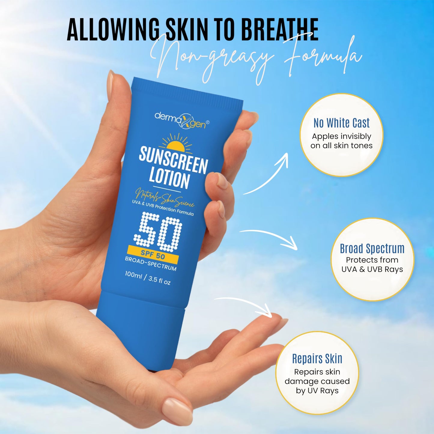 Dermaxgen Sunscreen Lotion SPF 50 – Lightweight, Non-Greasy Sun Protection for All Skin Types. Hydrates, Skin Shield , Water-Resistant Coverage for Radiant, Moisturized Skin.