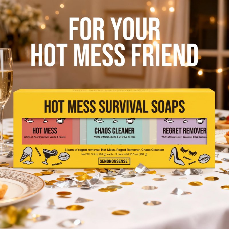 SendNonsense Hot Mess Survival Soap Gift Set (3-Pack) – Funny Gag Gift for Mom, Friends & Coworkers, Novelty Soaps, Regret Remover & Chaos Cleanser